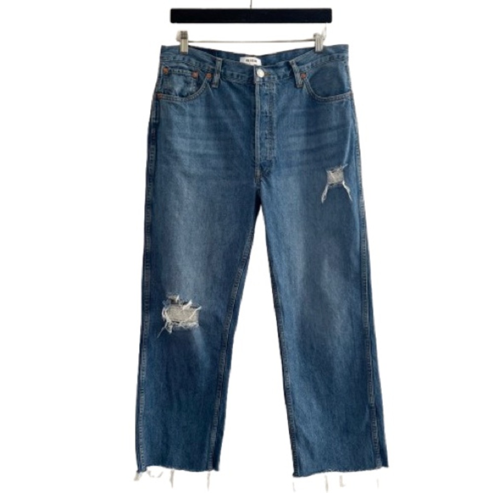 Re/Done 90s High Rise Loose Jeans Distressed Ripped Raw Hem Medium Vain Wash